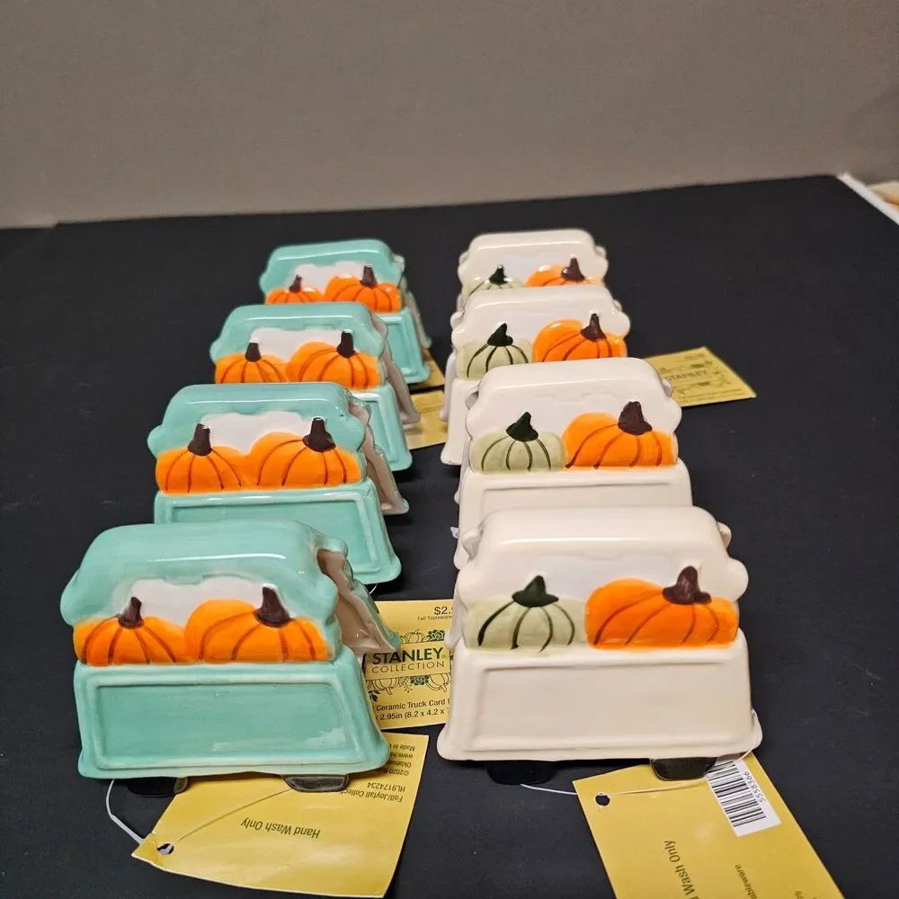 Fall Place Card Holders White Teal Trucks with Pumpkins Set of 8 Robert Stanley
